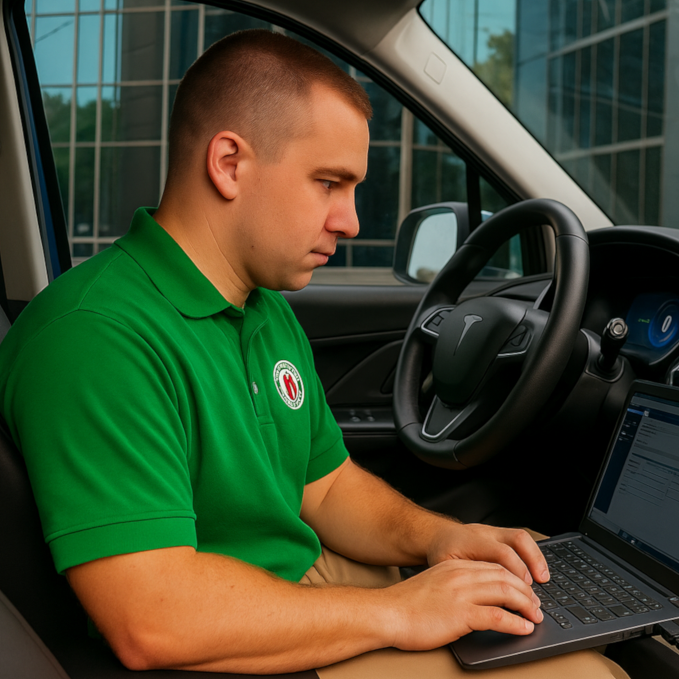 Technician in green shirt working at the open door of a sedan