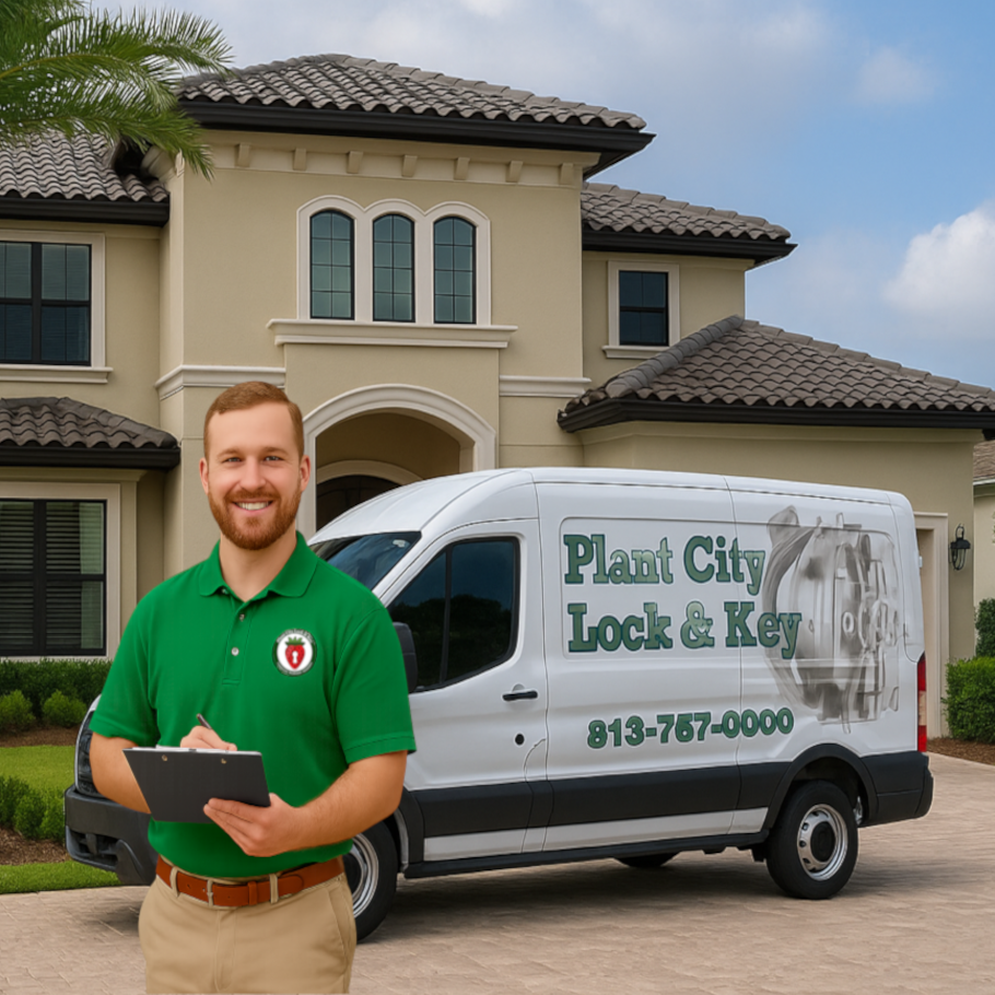 Technician in green shirt beside van in front of home